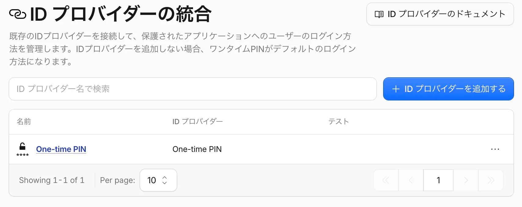 IDプロバイダーの一覧にOne-time PINが登録されているCloudflareの管理画面