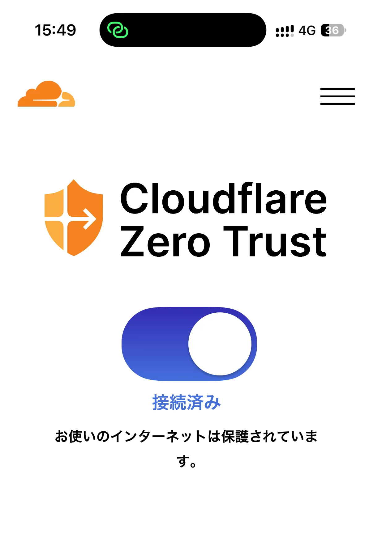 iPhoneのCloudflare One AgentでCloudflare Zero Trustが接続済みになっている画面
